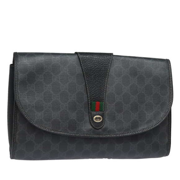 GUCCI GG Supreme Web Sherry Line Clutch Bag Black Gold 156 01 031 Auth bs16653 - Picture 1 of 16